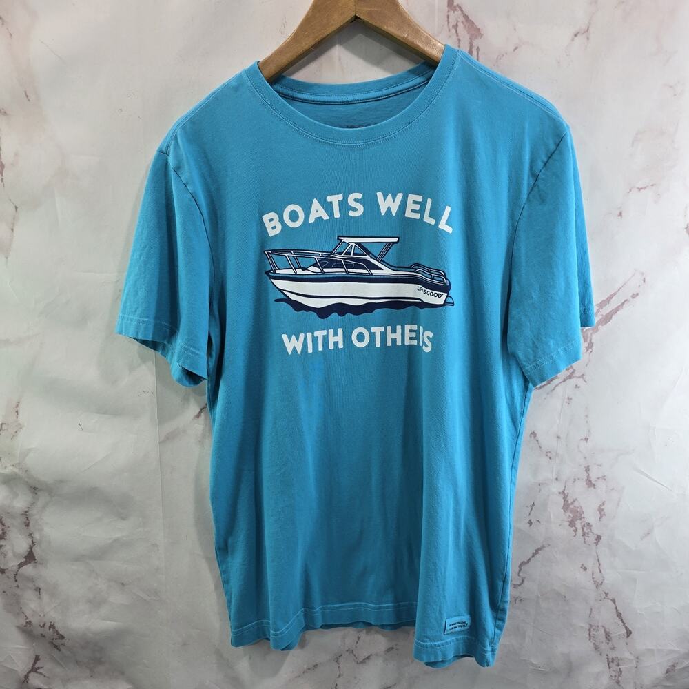 Life Is Good T Shirt Mens Medium Blue Boats Well With Tee Short Sleeve Crusher